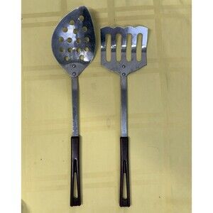 Vtg Stanhome Stainless Steel Slotted Spoon & Spatula 2 Piece Set Bakelite Brown